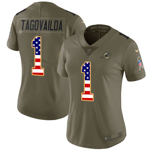 Nike Miami Dolphins #1 Tua Tagovailoa Olive USA Flag Women Stitched NFL Limited 2017 Salute To Service Jersey